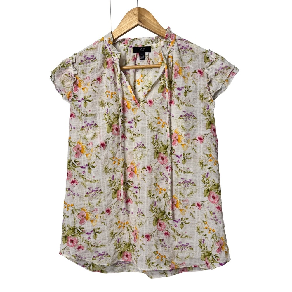 Haver‎ London Women White Floral Ruffle Sleeve Tie Neck Seersucker Blouse Large